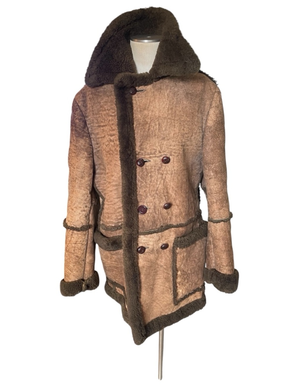 Vintage Leather Shearling Coat with Dark Brown Trim - Picture 5 of 12